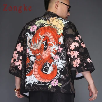 Zongke Dragon Kimono Švarkas Vyrams Japonijos Streetwear Kimono Megztinis Švarkas Vyrams Juodas Švarkelis Vyrų Striukė Kailis 2021 M. Vasaros