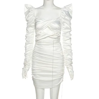 FANTOYE Derliaus Tuščiaviduriai Iš kalnų krištolas Mini Suknelė Moterims Rudenį Long Sleeve Ruched Pieštuku Suknelė Balta Backless Elegantiškas Vestido