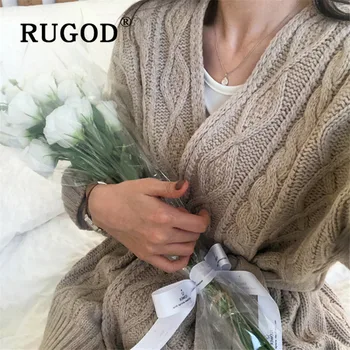 RUGOD Elegantiškas juostinės twist cardigan moterų mados korėjos derlius v-kaklo, ilgomis rankovėmis megzti paltai megztinis pavasario Traukti femme