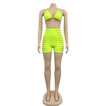 Neon Moterų Bikinis Nustatyti Vasaros Skylę Tuščiaviduriai Iš Kietojo Pasėlių Top & Shorts 