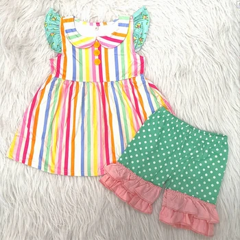 Bamblys vaikas vasaros aprangą plazdėjimas rankovės viršų ir taškais pynimas šortai apranga kūdikių apranga boutique naujagimiui baby girl drabužiai