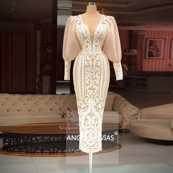 ANGEL NOVIAS ilgomis Rankovėmis Šampano Nėrinių arabų vakarinę Suknelę 2021 V Kaklo Rūbeliai De Soiree Longue