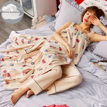 Pavasarį, Rudenį, Medvilnės, 3 Gabalas rinkinių, Elegantiškas Moterų Pajama Komplektai Moterų Sleepwear Lady Spausdinti Pižamos Lounge 