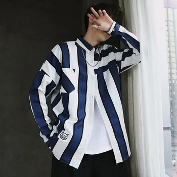 Vyrų Harajuku Cardigan Palaidinė Streetwear Dryžuotas Medvilnės Rudenį Marškinėliai Vyrams Korėjos Tendencija Paauglių Kailis Atsitiktinis Marškinėliai Ilgomis Rankovėmis