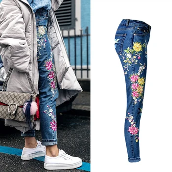 2021 Naujas Mados moteriški Drabužiai Tiesiai Ilgio Džinsai, Kelnės 3D Gėlių Siuvinėjimas Aukšto Juosmens Ponios Slim Legging Jeans Kelnės