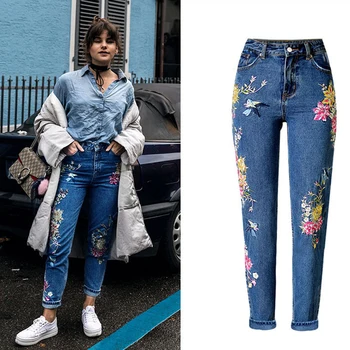 2021 Naujas Mados moteriški Drabužiai Tiesiai Ilgio Džinsai, Kelnės 3D Gėlių Siuvinėjimas Aukšto Juosmens Ponios Slim Legging Jeans Kelnės