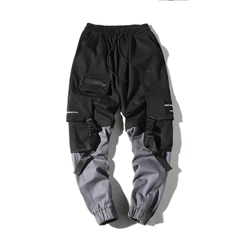Naujas Vyrų Streetwear Kelnes Harajuku Medvilnės Multi-Kišenės, Siūlės Spalva Krovinių Kelnės Vyras Hip-Hop Atsitiktinis Elastinės Kelnės ABZ369