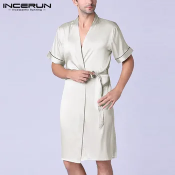 INCERUN Mados Vyrų Lounge Sleepwear Drabužius trumpomis Rankovėmis V-Kaklo, Kvėpuojantis naktiniai drabužiai Su Diržo Vasaros Vyriškos maudymosi Chalatai Kimono 2021