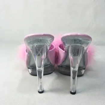 13 cm aukščio stiklo šlepetė, mados sandalai, rožinė plunksna papuošta viršutinė modelio polių šokio spektaklis šlepetės