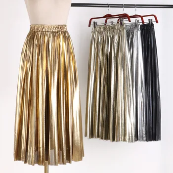 Šaltinis metalo klostuotas sijonas aukštu juosmeniu vidutinio ilgio-line atspindintis blizga sijonas didelis sijonas