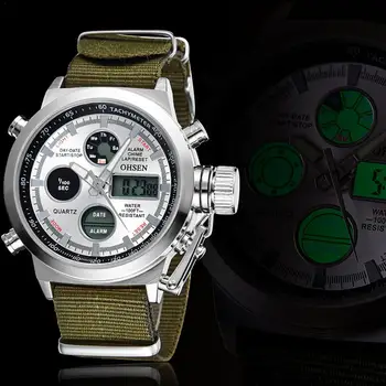 Madingas Sporto laikrodis OHSEN LED Watch su Drobė Žiūrėti Juosta Kariniai Laikrodžiai LCD Skaitmeninis Mens Watch Gumos Juosta