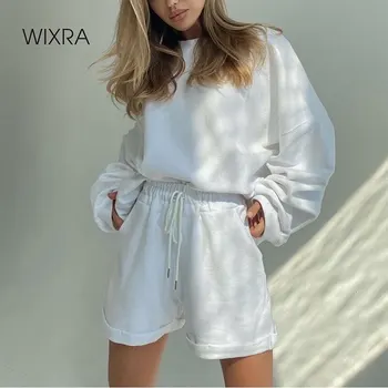 Wixra Moterų Kostiumai Laisvalaikio Namuose Dėvėti Kieto Visą Rankovės O-Kaklo Laisvi Megztiniai+Nėrinių Šortai Atsitiktinis 2 Gabalas Rinkiniai