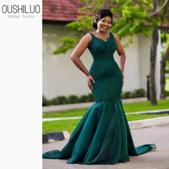 Emerald Lace Undinė Prom Dresses Ilgai Afrikos Moterims, Elegantiškas V Kaklo, Rankovių Tamsiai Žalia Slidinėti Šalis Suknelė Teismas Traukinys