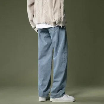 Korėjos Plataus kojų Džinsai Vyrų Mados Retro Atsitiktinis Džinsai Vyrams Streetwear Rudenį Laukinių Prarasti Hip-hop Tiesiai Džinsinio audinio Kelnės Mens M-2XL