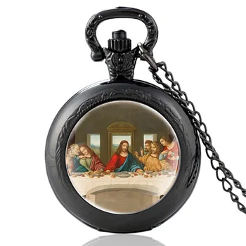 Klasikinis Krikščionių Paskutinę Vakarienę Dizaino Stiklo Cabochon Kvarco Kišenėje Žiūrėti Derliaus Vyrams, Moterims, Pakabukas Karoliai Grandinės Laikrodis