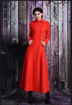 X-ilga raudona vilnoniai paltai moterims rudens-žiemos mados dvigubai breadted plonas vilnos mišiniai paltas plius dydis 3XL