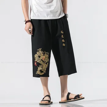 Kinų Stiliaus Dragon Siuvinėjimas Medvilnės Skalbiniai Haremas Trumpas Kelnes Retro Japonijos Harajuku Streetwear Paplūdimio Šortai Atsitiktinis Kelnės