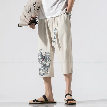Kinų Stiliaus Dragon Siuvinėjimas Medvilnės Skalbiniai Haremas Trumpas Kelnes Retro Japonijos Harajuku Streetwear Paplūdimio Šortai Atsitiktinis Kelnės