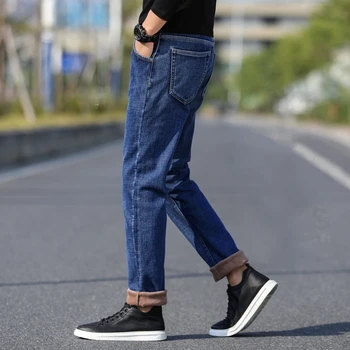 Vyrų žiemos aukštos kokybės džinsai klasikiniai odiniai etiketės vilnos storas, šiltas ir patogus medvilnės ruožas slim straight džinsinio džinsus
