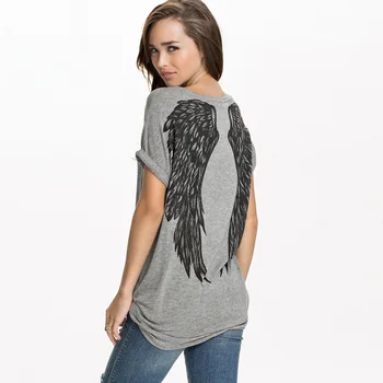 Nauja pavasario vasaros marškinėliai moterims unikalus angelas sparnų atgal spausdinti trumpas rankovės laisvus marškinėlius ponios mergina marškinėliai G1072