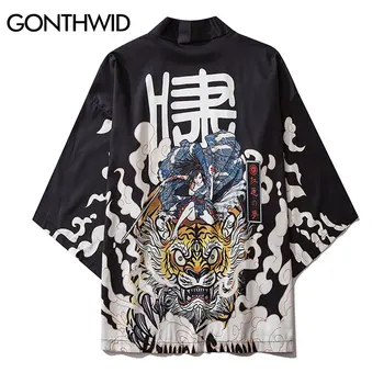 GONTHWID Japonų Mergaitė Tigras Spausdinti Kimono Megztinis Marškinėliai Atsitiktinis Atidaryti Priekyje Striukės Hip-Hop Vasaros Atsitiktinis Streetwear Dangomis, Topai