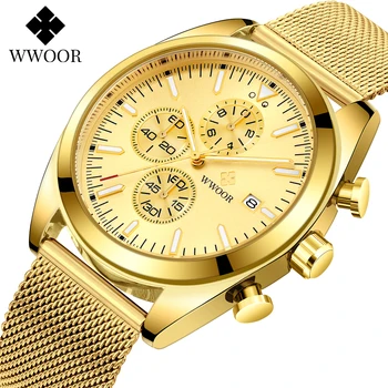 WWOOR 2021 Naujas Vyrų Aukso Laikrodžiai Top Brand Prabanga Full Steel Šviesos Kvarco Žiūrėti Mens Sporto Chronografas atsparumas Vandeniui Reloj Hombre