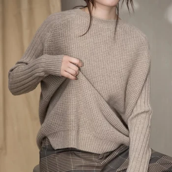 Moterų žiemos megztinis ilgomis rankovėmis apvalios kaklo prarasti atsitiktinis megzti kašmyro megztinis moterims