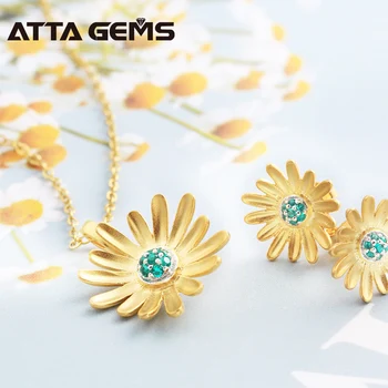 Sukurta Smaragdas Sidabro Papuošalų Rinkinys S925 Geltonos Aukso Spalvos Gėlių Dizainas Draugei Gimtadienio Dovanos Atsitiktinis Puikus Stilius