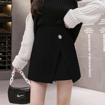 Korėjos Aukšto Juosmens Nereguliarus Vilnonis Sijonas Moterų Rudenį, Žiemą-line Juodas Sijonas Femme Mini Falda Mėlynos spalvos Moteriški Sijonai