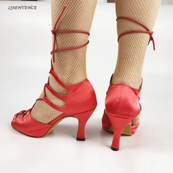 Karšto Seksualus lotynų šokių raudoni sportbačiai satino salė, Salsa Džiazo Kizomba Bachata šokio moteris 7cm aukštas/vidutinis/žemas aukščio kulniukai batai