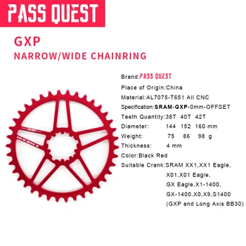 Siauros/Plačios Tuščiaviduriai Dizaino GXP 38/40/42T Grandinės Žiedas Chainwheel 7076-T651 Aliuminio Lydinio Kelių Dviratį MTB, BMX Grandinę, žiedą