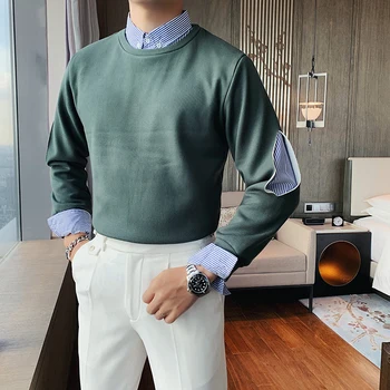 Aukštos Kokybės Britų Stiliaus Mados Marškinėliai Spliced Netikras-2pieces Megztinis Vyrams Drabužius 2020 M Slim Fit Atsitiktinis Megzti Puloveriai 3XL-M