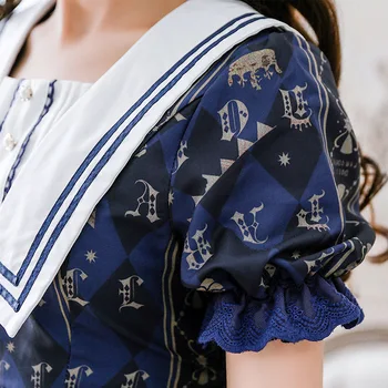 Japonų Stiliaus Girl Lolita Dress Blue sailor apykaklės Kawaii Merginos Karuselė Spausdinti Princesė Kambarinės Kostiumas suknelė bet kokio dydžio