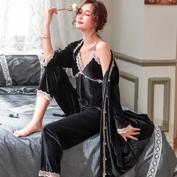 Sexy Nėrinių 3PCS Nighty&Skraiste Nustatyti Moterų Apdaras Veliūras Sleepwear Minkštą Pižamą Kimono Suknelė Aksominė Namų Drabužių Intymus apatinis Trikotažas