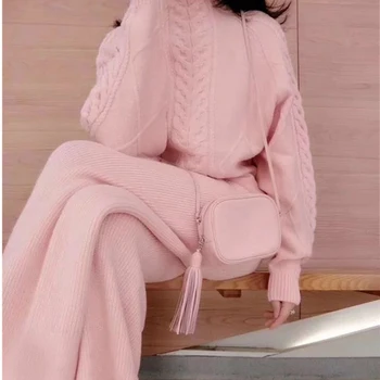 Moterų kostiumas 2020 m. naujas stiliaus Rudens žiemos Kintted megztinis nustatyti kanapių modelio megztinis + mados pločio kojų kelnės dviejų dalių kostiumas