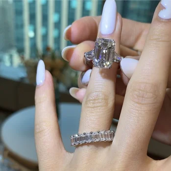Prabangus 925 Sterlingas Sidabro Sukurta Smaragdas iškirpti 6ct Diamond Vestuvės Vestuvinis Kokteilis Moterų Deimantiniai Žiedai Smulkūs Papuošalai