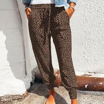 Moterų Sunny Leopard Poilsiu atsitiktinis jungiamąją kišenės Dugnas Kelnes Culotte leopardas spausdinti Savarankiškai kaklaraištis reguliuojamas smocked juosmens atsipalaidavęs