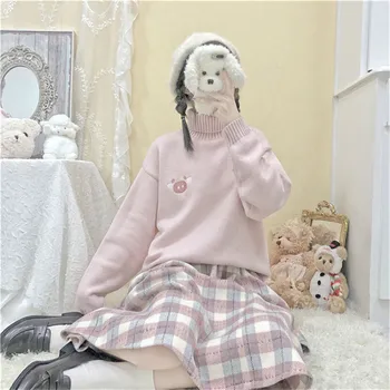 Kawaii harajuku Derliaus Vilnos Pledas Sijonai Moterims drabužių 2020 Japonų Stiliaus elastinga Aukštos juosmens - line Plisuotos Reljefiniai Midi Sijonas