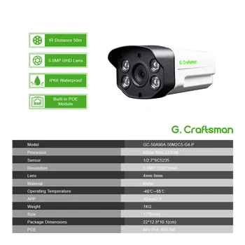G. Meistras 5MP POE IP Kamera Lauko Vandeniui 50m Infraraudonųjų spindulių Naktinio Matymo Onvif 2.6 CCTV Vaizdo Stebėjimo Saugumo P2P El. paštas