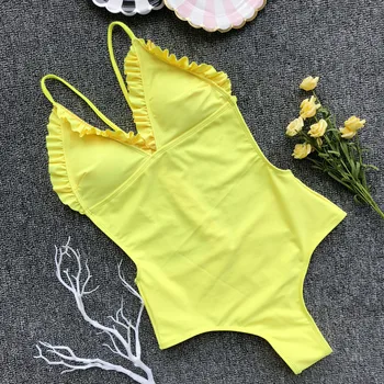 Susiėmę maudymosi kostiumėlį Vienas gabalas moterų 2021 Geltona Monokini Sexy Thong maudymosi kostiumėliai, moterų Backless Trikini Brazilijos string maudymosi kostiumas