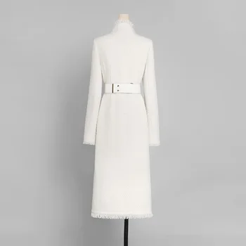 Balta kutas tvido vilnoniai paltai moterims stovėti apykaklės, plonas mažas kvepalų ilgas paltas