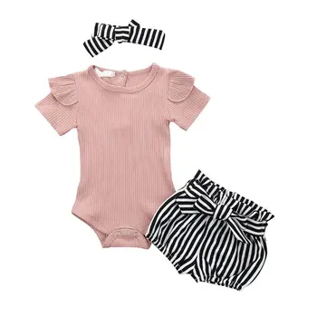 Baby Girl Drabužius Vasarą 2020 kleding Kietas Bamblys 3PC Kūdikių Bodysuit Lankelis Šortai Filė Nustatyti Mergaitės, Apranga, Kostiumas roupa Kostiumas