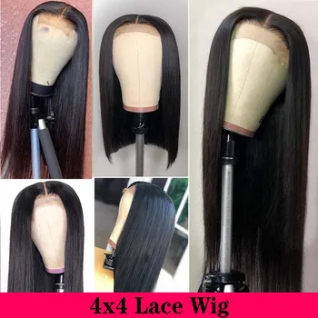 4x4 Nėrinių Uždarymo Perukai, Perukai Tiesiai Žmogaus Plaukų Natūralus Juodas Malaizijos Remy Human Hair Black Moteris 150% Tankis