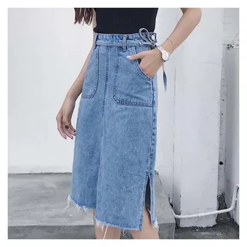 2018 Retro atsitiktinis mėlyna, sijonai, ilgas džinsinis sijonas vasaros xxxxxl plius dydis moterų moteris, seksualus drabužiai, džinsai kelio ilgio linija