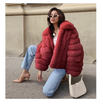 Purus Dirbtiniais Fox Fur Coat Netikrą Kailio Striukė 2020 M. Žiemą Šilta Moteris kratinys Striukė Viršutiniai Moterų Atvartas Apykaklės, Juosmens, paltai F2318