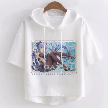 Genshin Poveikio Ganyu Harajuku T-shirts Vasaros Mados Viršūnes Femme trumpomis Rankovėmis su Gobtuvu Korsetas Top marškinėliai Balti Kawaii Drabužiai