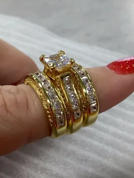 Rankų darbo 925 sidabro ir 14KT aukso žiedas nustatyti Prabangius 20CT 7*7mm Princess cut Diamond Kokteilis Vestuviniai Žiedai Moterims 3-in-1 dovana