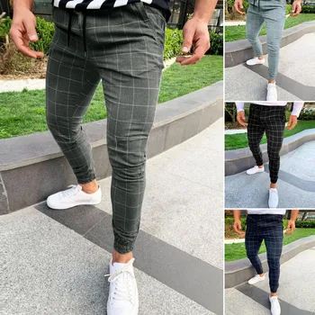 Mens Kelnės Mados Pledas Kelnės Vyrams Streetwear Hip-Hop Kelnės Skinny Chinos Kelnės Slim Fit Atsitiktinis Kelnės Poilsiu