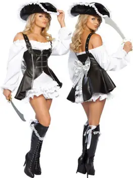 Nauja Seksuali Karibų jūros Piratai kostiumai,moterų piratų cosplay su ilgas odinis paltas moterims Paslėpti Helovinas Kostiumas rinkinys