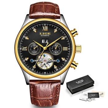LIGE Prekės Vyrų Laikrodžiai Automatinis Mechaninis laikrodis Tourbillon Sporto Laikrodis, Odiniai Laisvalaikio Verslo Riešo Žiūrėti Aukso Relojes Hombre